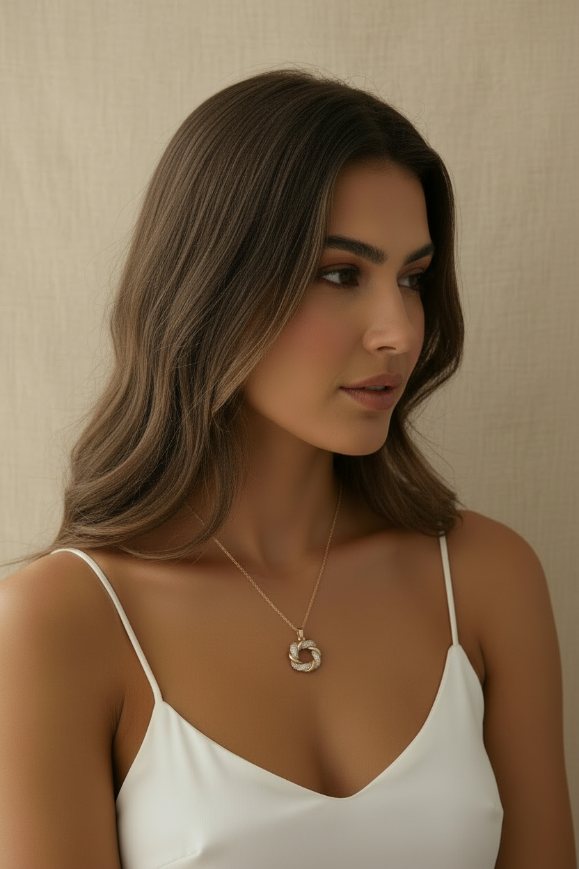 Woman wearing a white top and necklace against a beige background
