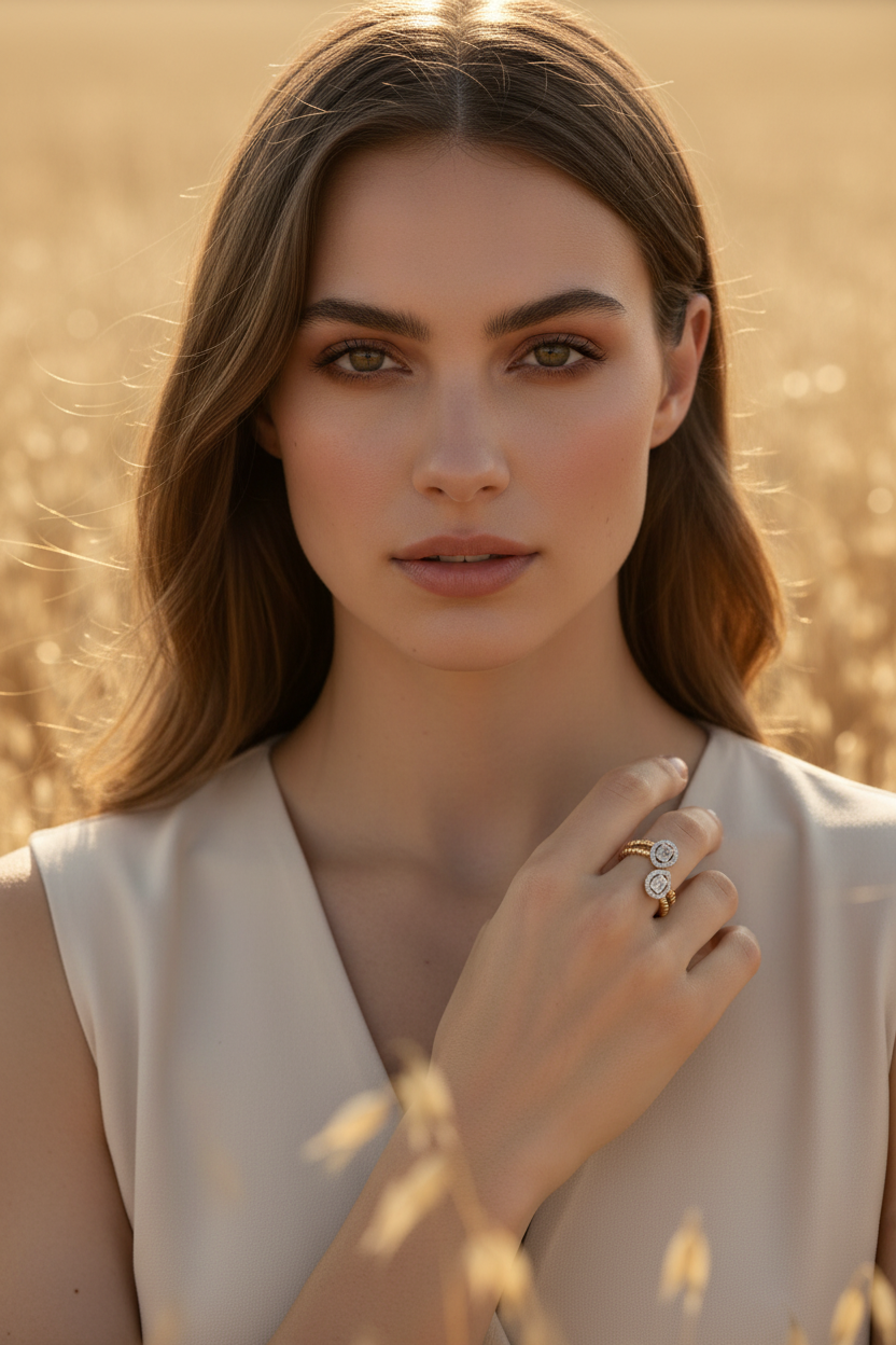 Dual Orbit Ring open band ring lifestyle shot worn on model against neutral background, ZARIÉ fine jewellery LUMIÈRE collection