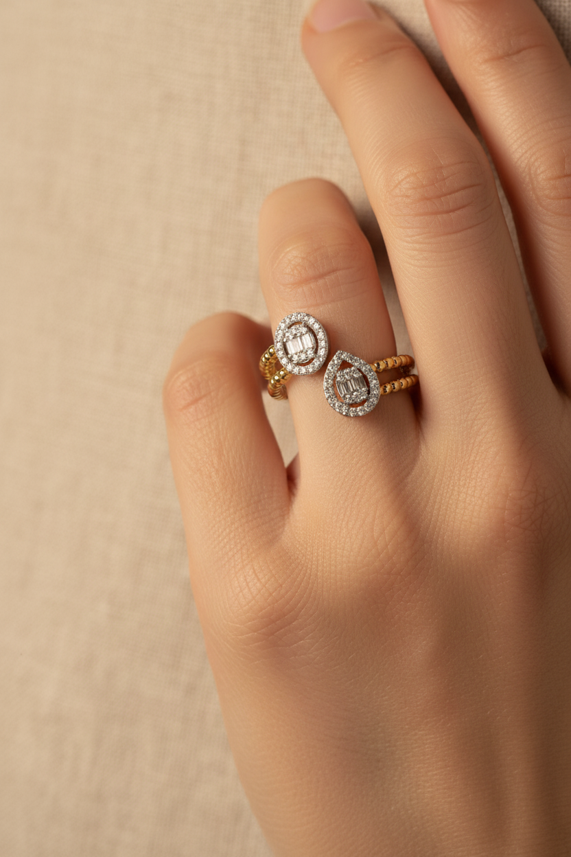 Dual Orbit Ring open band ring lifestyle shot worn on model against neutral background, ZARIÉ fine jewellery LUMIÈRE collection