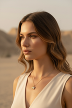 Elephant Crest Necklace — Gold fine chain necklace champagne gold-tone lifestyle shot worn on model against neutral background, ZARIÉ fine jewellery LUMIÈRE collection