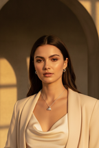 Elephant Crest Necklace — Silver fine chain necklace silver-tone lifestyle shot worn on model against neutral background, ZARIÉ fine jewellery ÉLORA collection