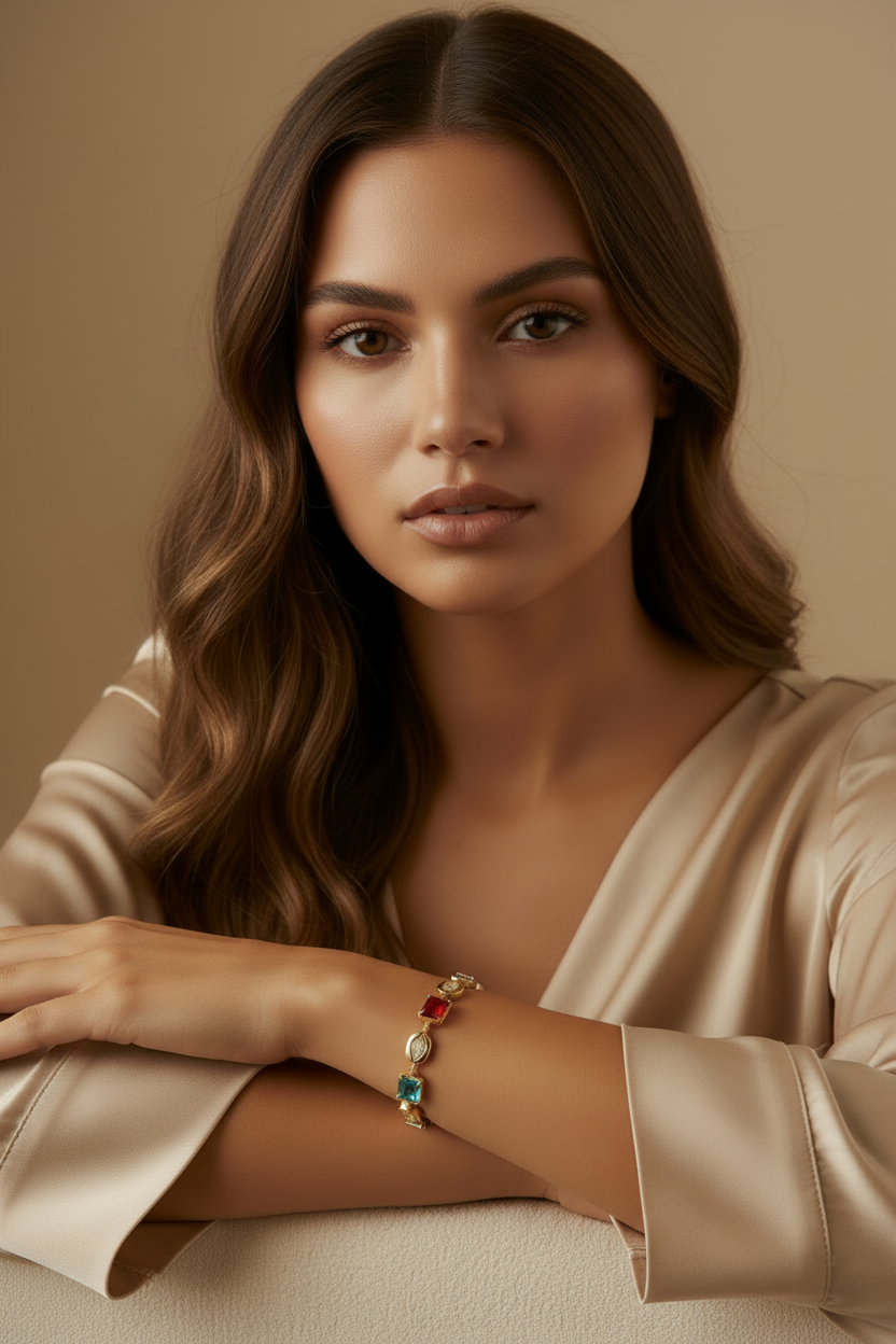 Woman wearing a bracelet with colorful stones against a beige background
