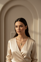 Faceted Triangle Charm Pendant pendant necklace lifestyle shot worn on model against neutral background, ZARIÉ fine jewellery RAYONNE collection