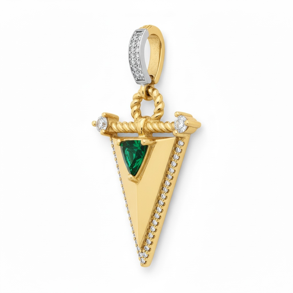 Gold pendant with green gemstone and diamonds on a white background