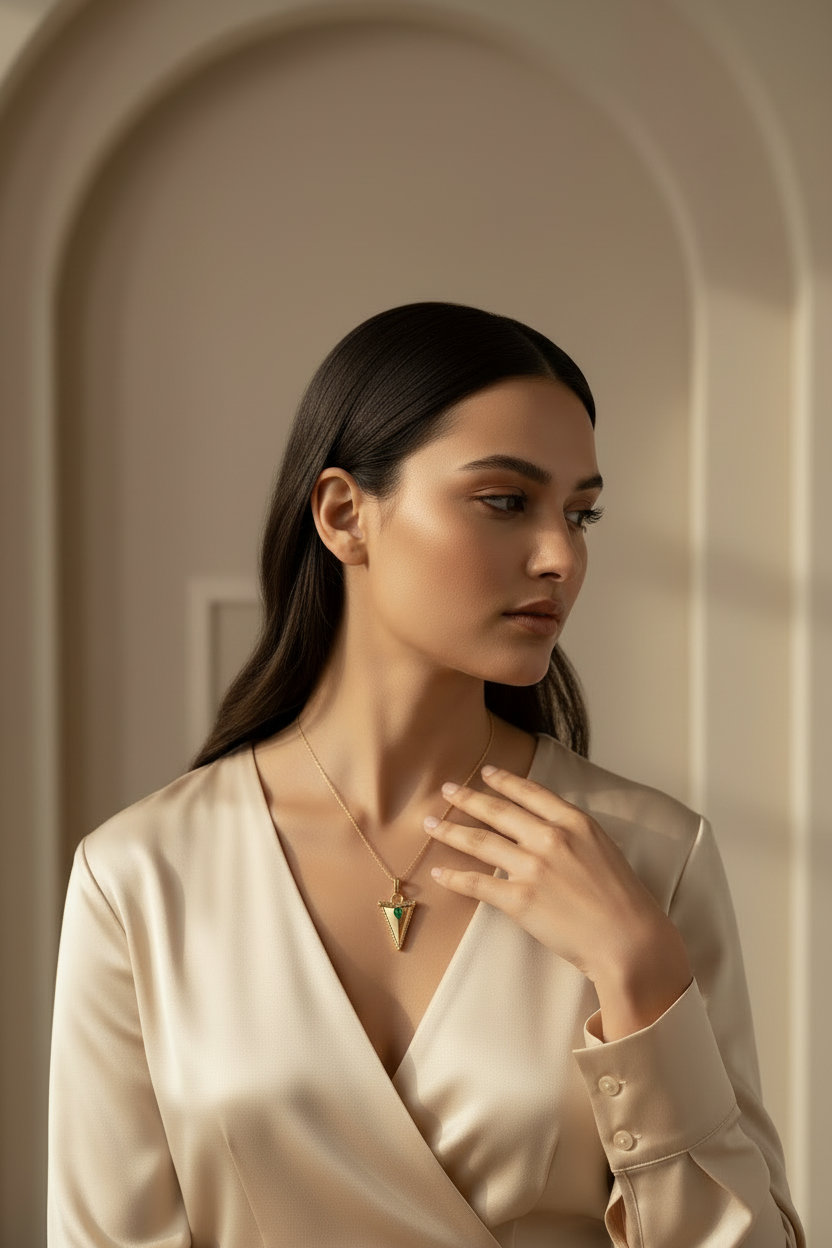 Faceted Triangle Charm Pendant pendant necklace lifestyle shot worn on model against neutral background, ZARIÉ fine jewellery RAYONNE collection