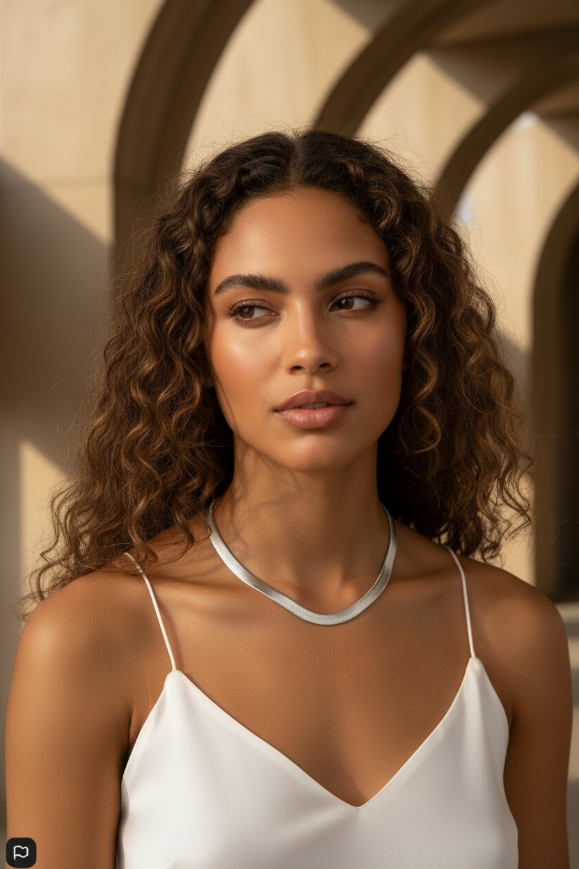Flux Chain Necklace fine chain necklace lifestyle shot worn on model against neutral background, ZARIÉ fine jewellery ÉLORA collection