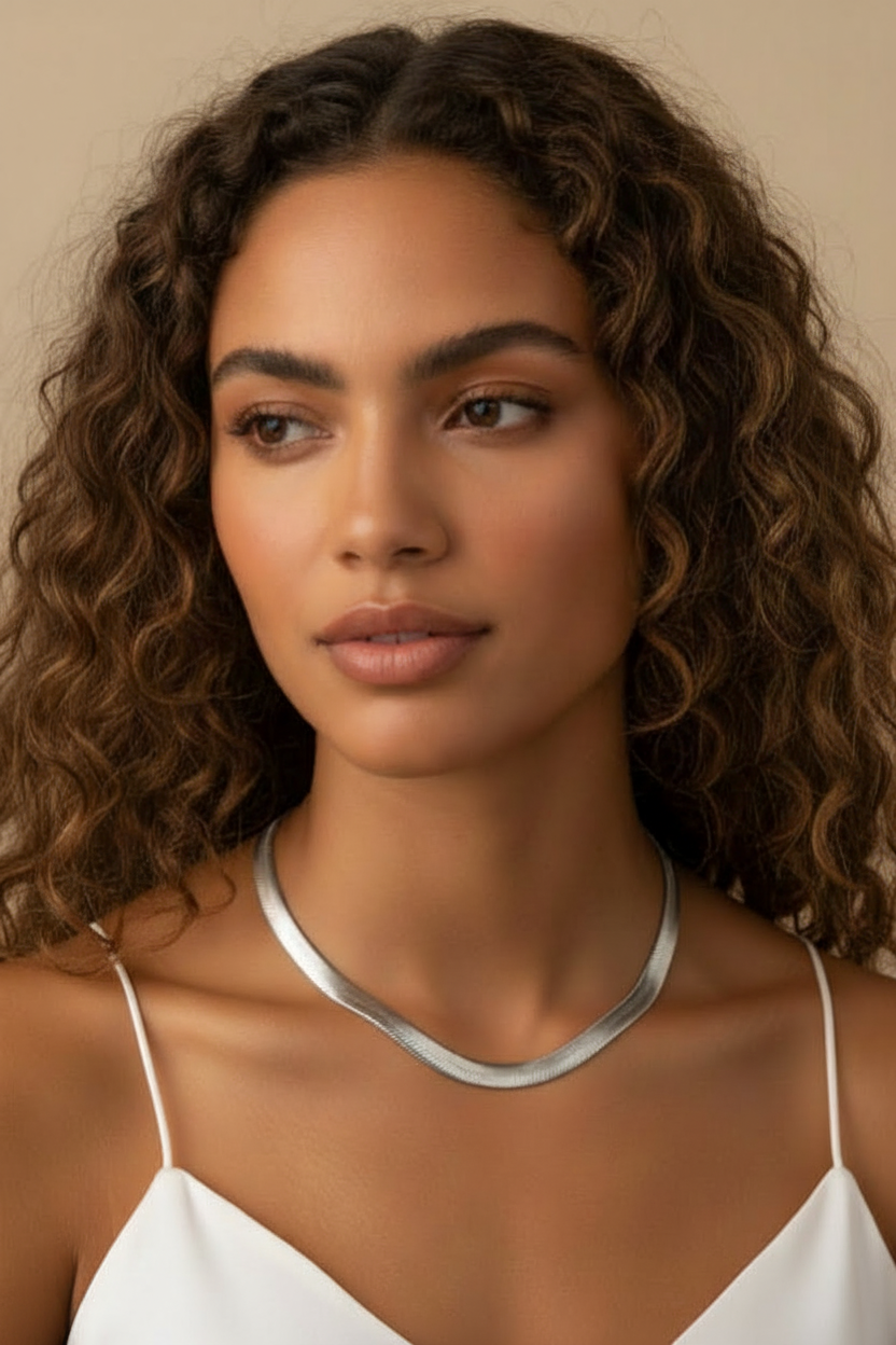 Flux Chain Necklace fine chain necklace lifestyle shot worn on model against neutral background, ZARIÉ fine jewellery ÉLORA collection