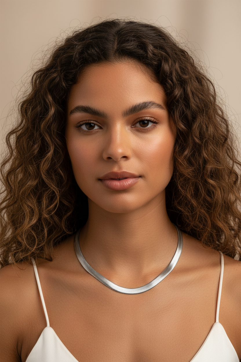 Flux Chain Necklace fine chain necklace lifestyle shot worn on model against neutral background, ZARIÉ fine jewellery ÉLORA collection