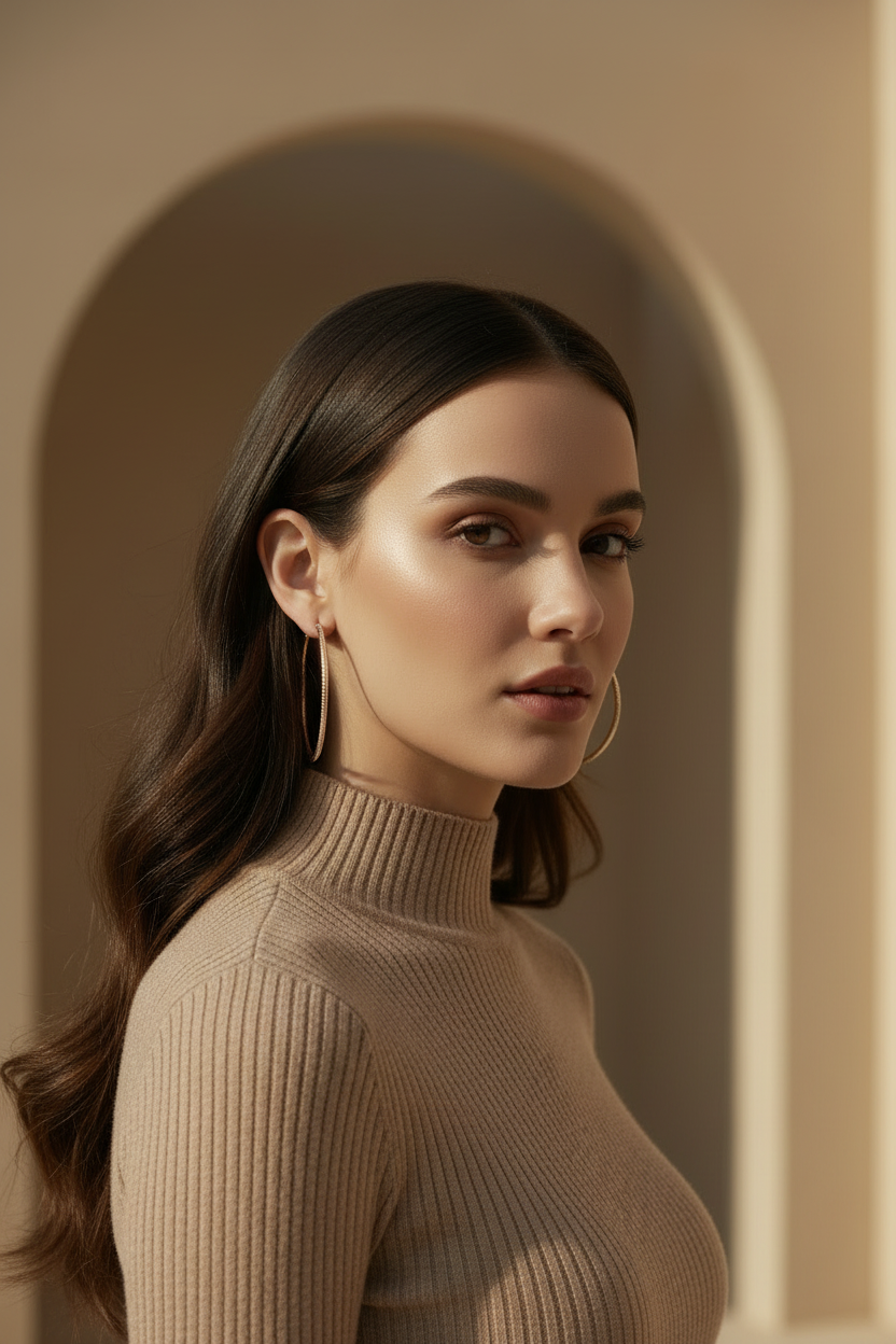 Full Pavé Hoop Earrings — Gold hoop earrings champagne gold-tone with pavé stone setting lifestyle shot worn on model against neutral background, ZARIÉ fine jewellery LUMIÈRE collection
