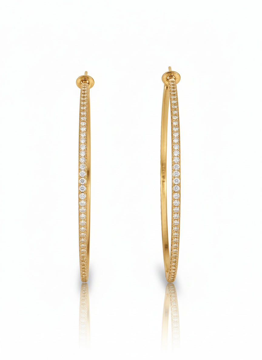 Full Pavé Hoop Earrings — Gold hoop earrings champagne gold-tone with pavé stone setting on clean white background, product flat lay, ZARIÉ fine jewellery LUMIÈRE collection
