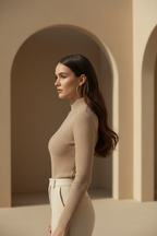 Full Pavé Hoop Earrings — Gold hoop earrings champagne gold-tone with pavé stone setting lifestyle shot worn on model against neutral background, ZARIÉ fine jewellery LUMIÈRE collection