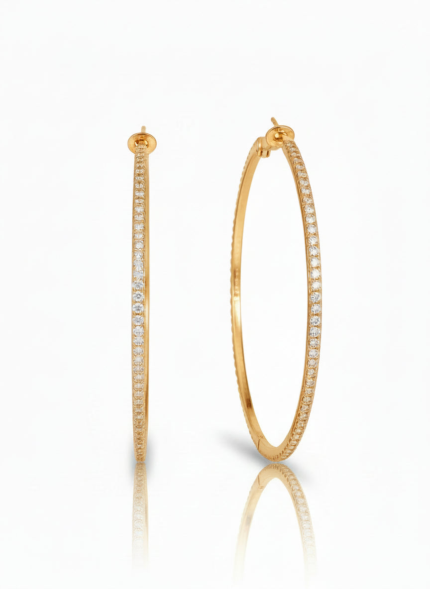 Full Pavé Hoop Earrings — Gold hoop earrings champagne gold-tone with pavé stone setting on clean white background, product flat lay, ZARIÉ fine jewellery LUMIÈRE collection