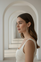 Full Pavé Hoop Earrings — Silver hoop earrings silver-tone with pavé stone setting lifestyle shot worn on model against neutral background, ZARIÉ fine jewellery ÉLORA collection