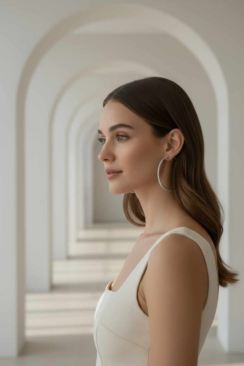 Full Pavé Hoop Earrings — Silver hoop earrings silver-tone with pavé stone setting lifestyle shot worn on model against neutral background, ZARIÉ fine jewellery ÉLORA collection