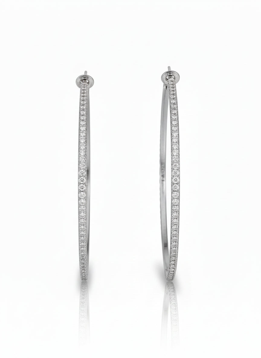 Full Pavé Hoop Earrings — Silver hoop earrings silver-tone with pavé stone setting on clean white background, product flat lay, ZARIÉ fine jewellery ÉLORA collection