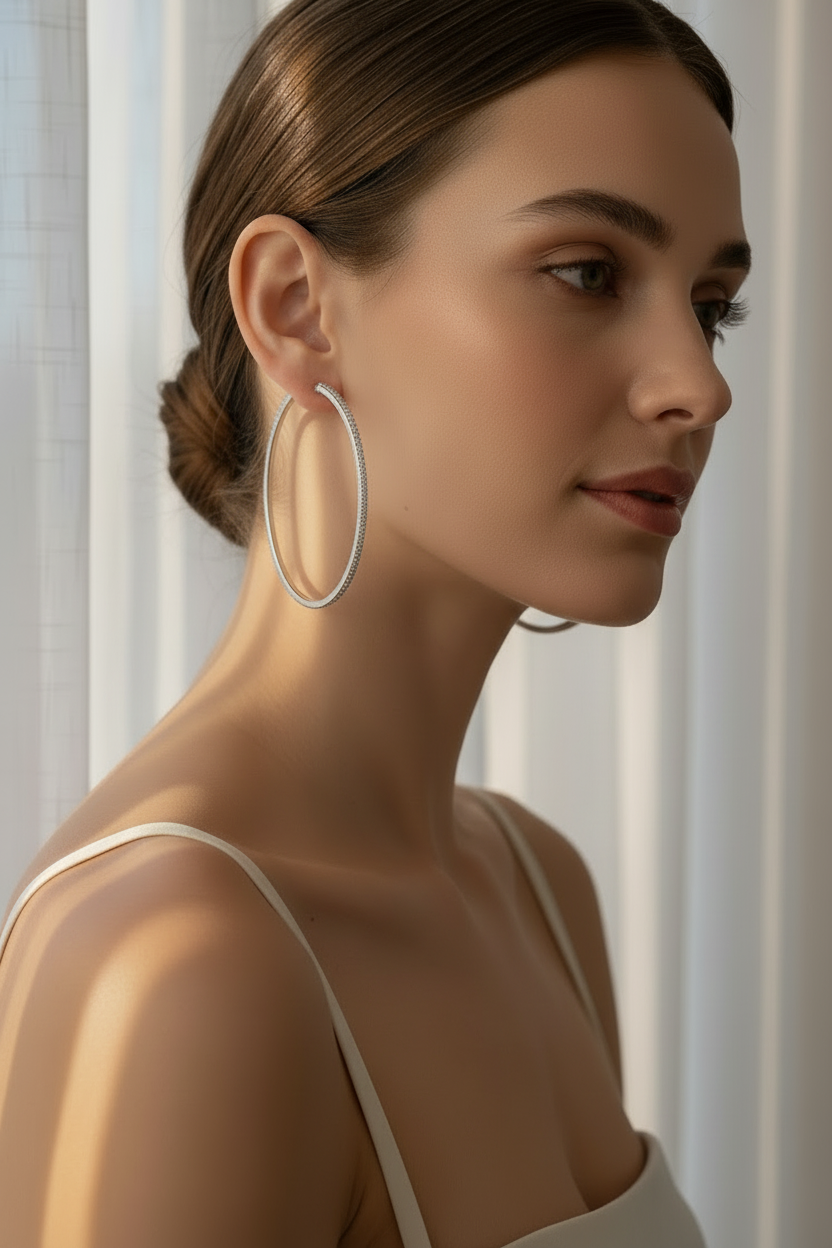 Full Pavé Hoop Earrings — Silver hoop earrings silver-tone with pavé stone setting lifestyle shot worn on model against neutral background, ZARIÉ fine jewellery ÉLORA collection