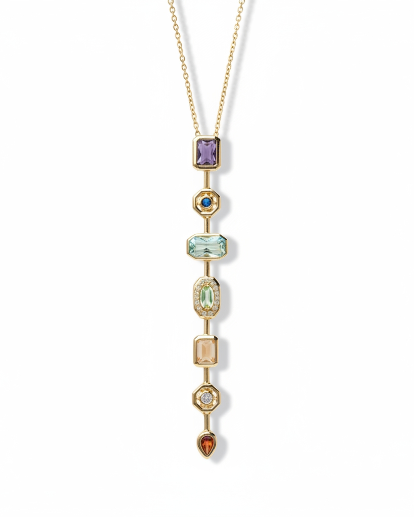 Necklace with multicolored gemstones on a white background
