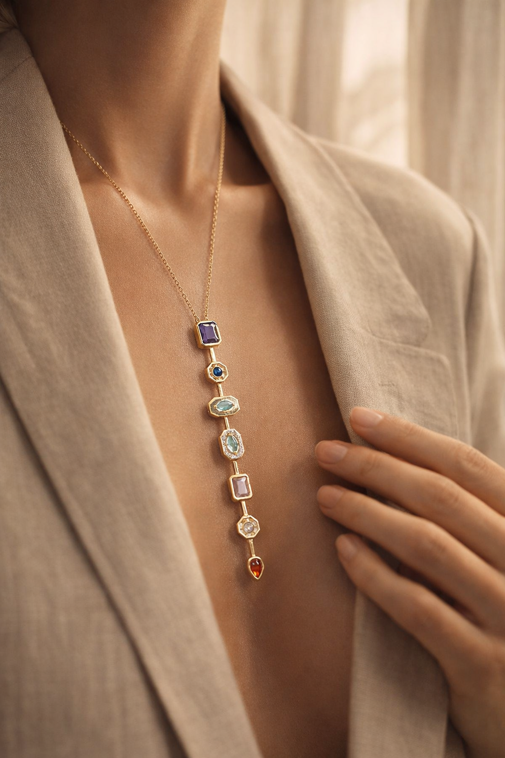 Necklace with multicolored gemstones worn by a person, close-up on a neutral background