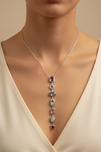 Gallery Drop Linear Necklace — Silver drop earrings silver-tone lifestyle shot worn on model against neutral background, ZARIÉ fine jewellery ÉLORA collection