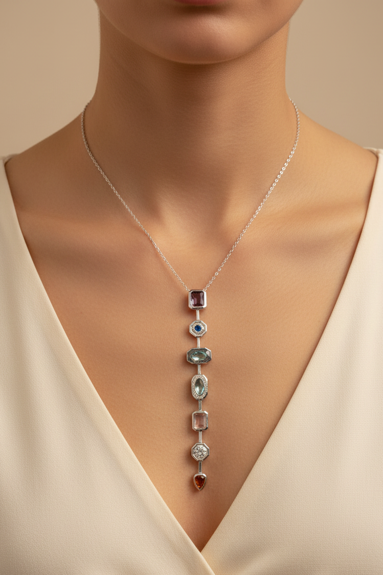 Gallery Drop Linear Necklace — Silver drop earrings silver-tone lifestyle shot worn on model against neutral background, ZARIÉ fine jewellery ÉLORA collection