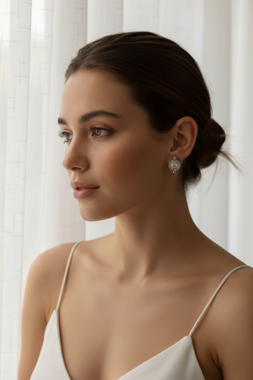 Giola Halo Hoops hoop earrings lifestyle shot worn on model against neutral background, ZARIÉ fine jewellery LUMIÈRE collection
