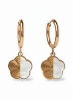 Half-Inlay Clover Hoop Earrings- Gold hoop earrings champagne gold-tone four-leaf clover motif on clean white background, product flat lay, ZARIÉ fine jewellery SÉRÉNITÉ collection