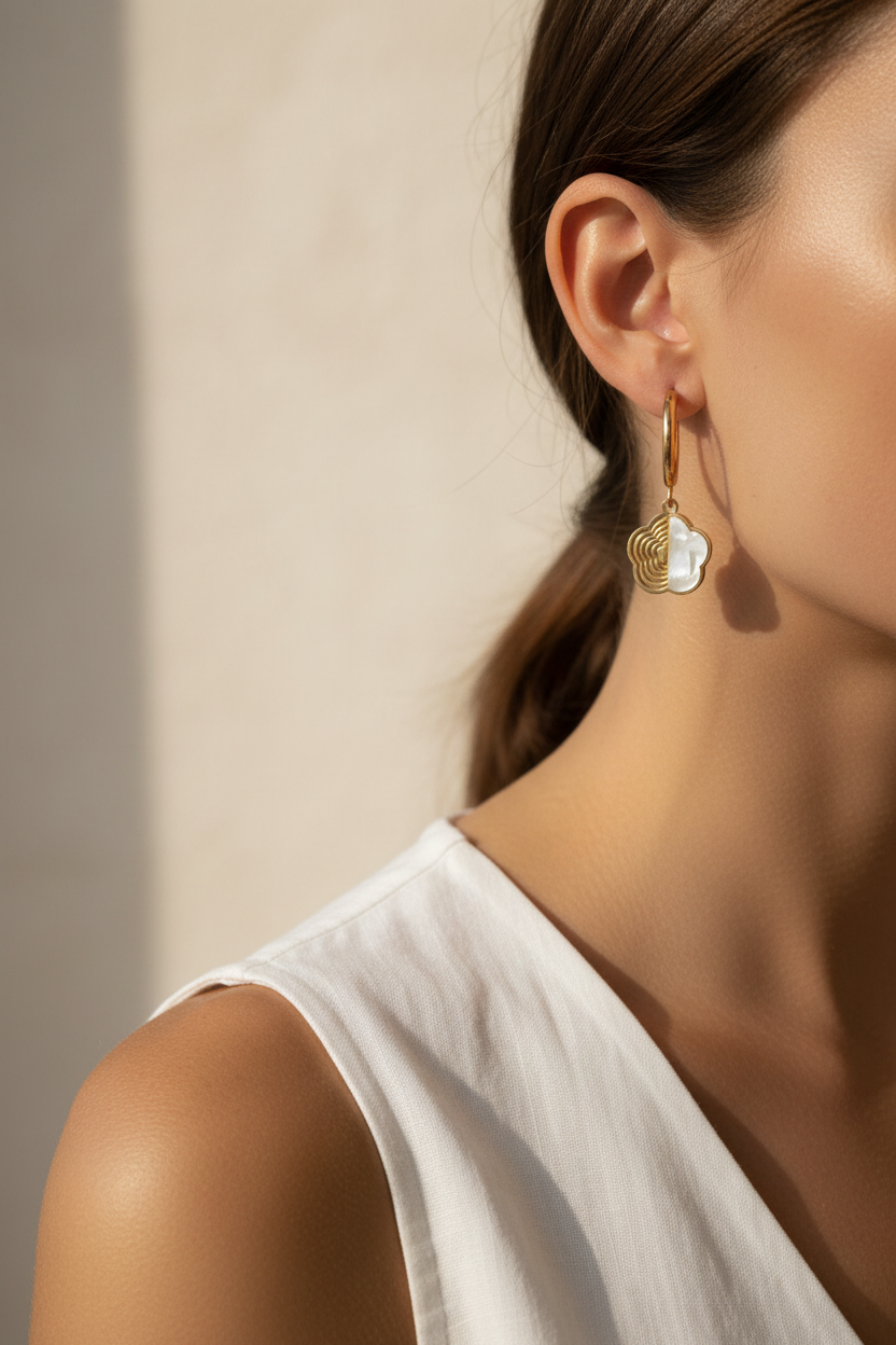 Half-Inlay Clover Hoop Earrings- Gold hoop earrings champagne gold-tone four-leaf clover motif lifestyle shot worn on model against neutral background, ZARIÉ fine jewellery SÉRÉNITÉ collection