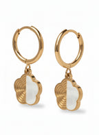 Half-Inlay Clover Hoop Earrings- Gold hoop earrings champagne gold-tone four-leaf clover motif on clean white background, product flat lay, ZARIÉ fine jewellery SÉRÉNITÉ collection