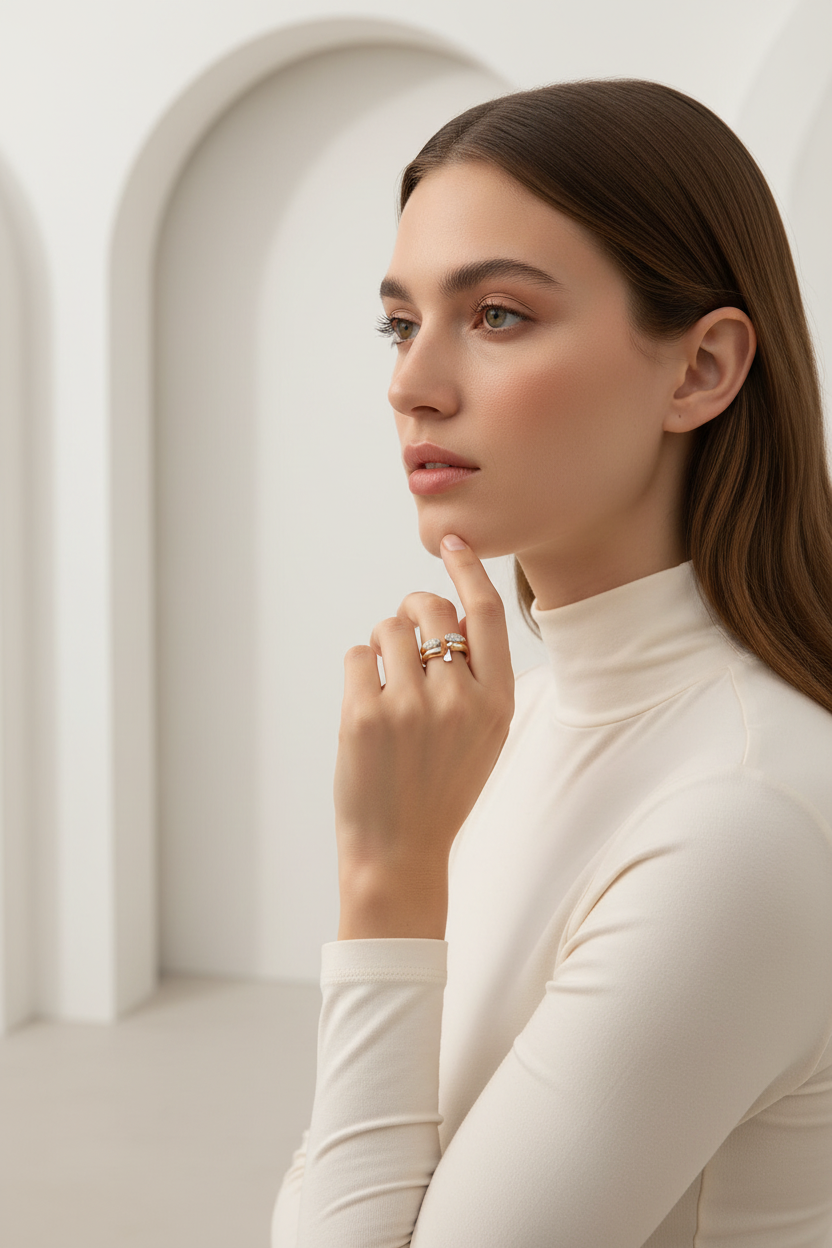 Halo Crest Ring open band ring lifestyle shot worn on model against neutral background, ZARIÉ fine jewellery LUMIÈRE collection