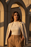 Heart Crest Necklace — Silver fine chain necklace silver-tone lifestyle shot worn on model against neutral background, ZARIÉ fine jewellery AMOURÉ collection