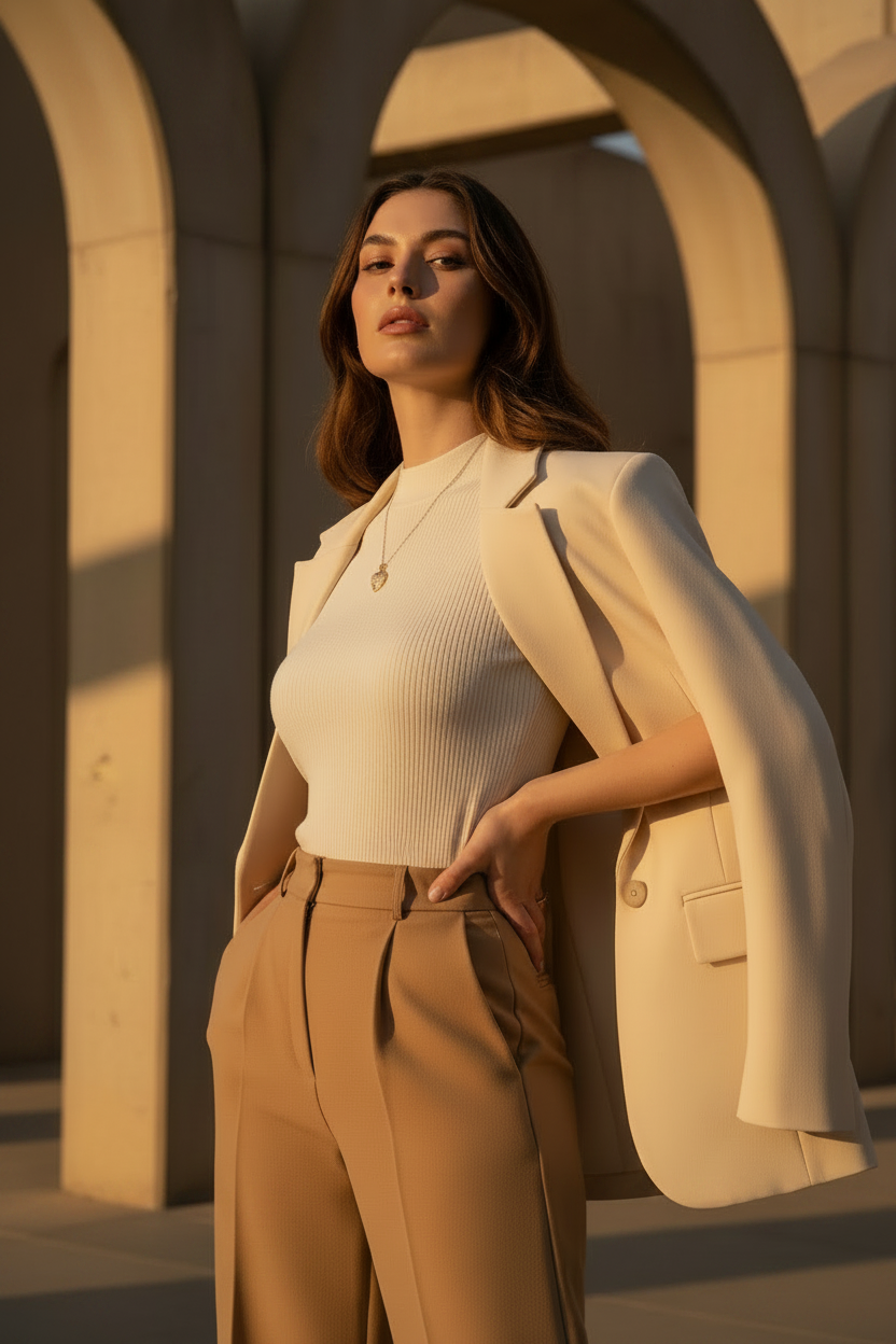 Woman in a beige outfit standing in front of architectural arches