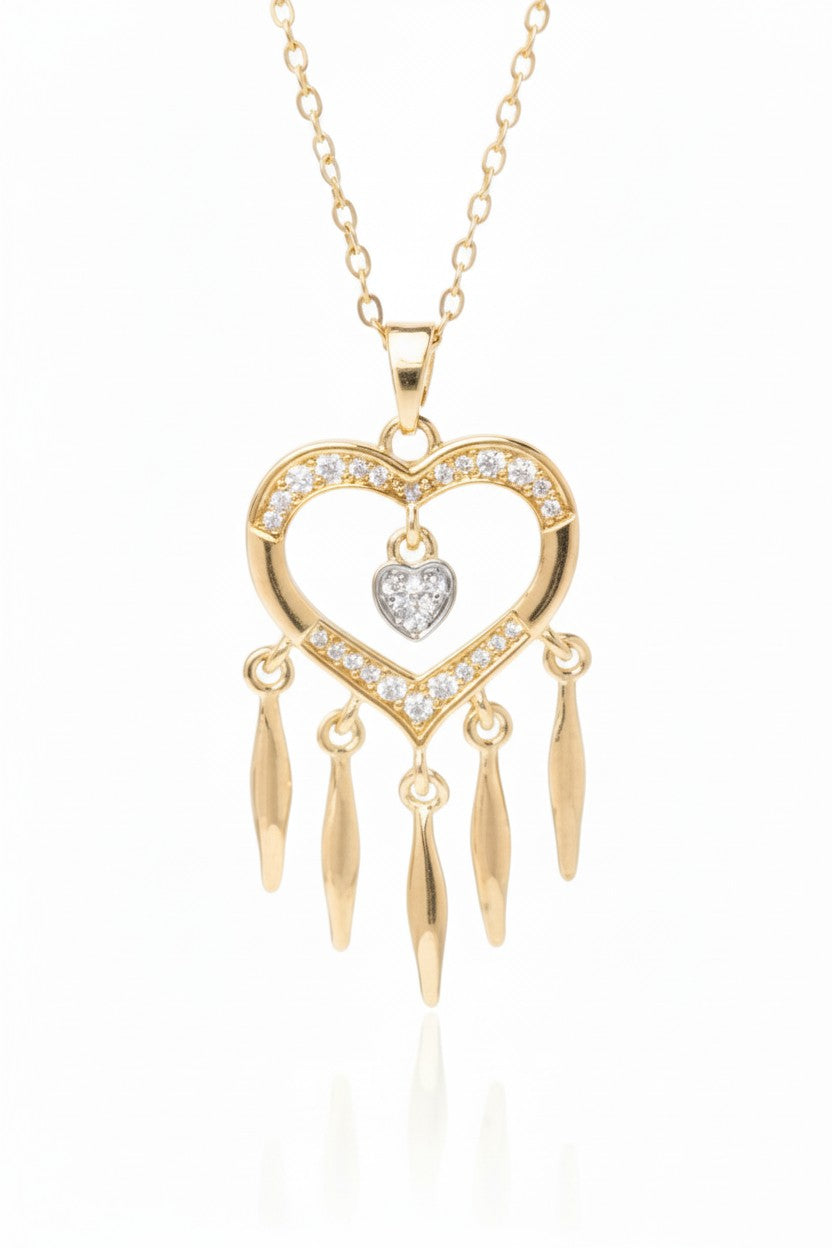 Heart Fringe Necklace — Gold fine chain necklace champagne gold-tone on clean white background, product flat lay, ZARIÉ fine jewellery AMOURÉ collection
