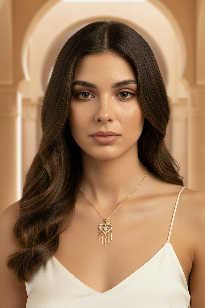 Heart Fringe Necklace — Gold fine chain necklace champagne gold-tone lifestyle shot worn on model against neutral background, ZARIÉ fine jewellery AMOURÉ collection