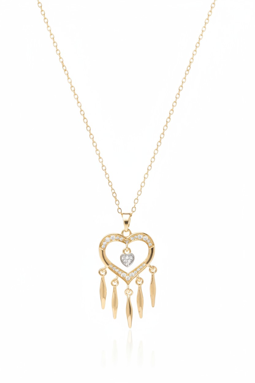Heart Fringe Necklace — Gold fine chain necklace champagne gold-tone on clean white background, product flat lay, ZARIÉ fine jewellery AMOURÉ collection
