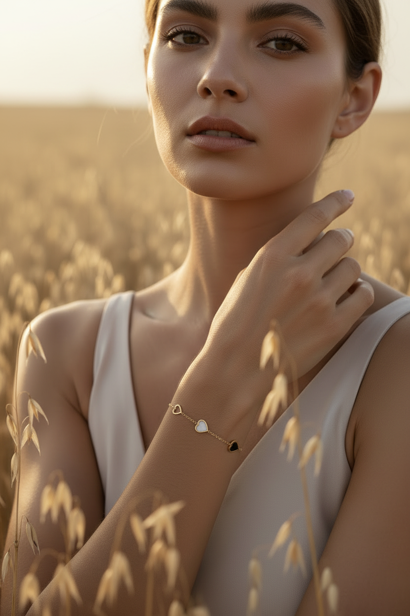 Heart Motif Chain Bracelet fine chain necklace lifestyle shot worn on model against neutral background, ZARIÉ fine jewellery SÉRÉNITÉ collection