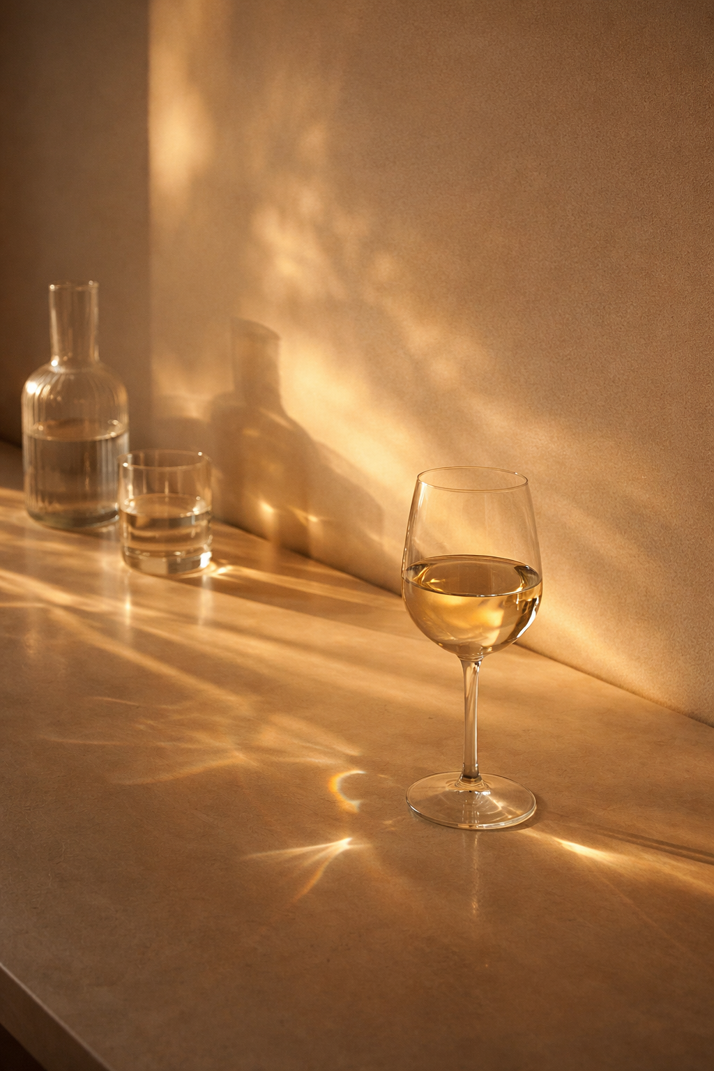 Wine glass with white wine on a reflective surface with soft shadows