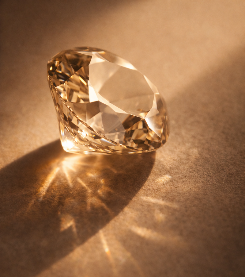 Faceted yellow gemstone on a textured brown surface