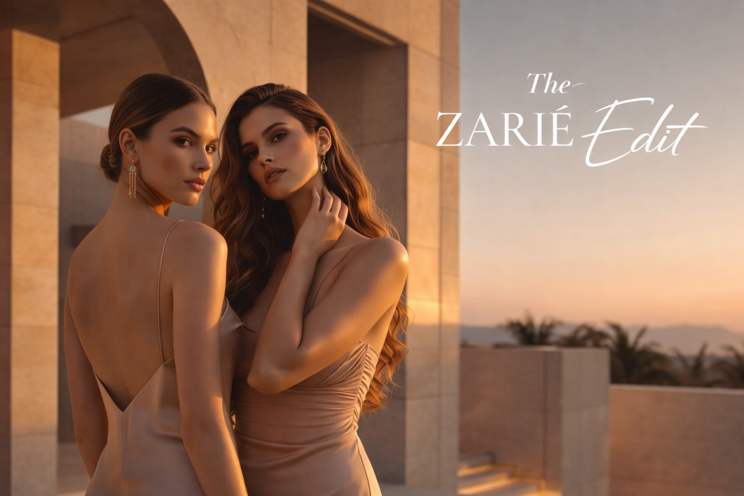 Two women in elegant dresses standing close together with 'The Zarié Edit' branding.