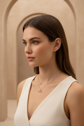 Infinity Line Necklace — Gold fine chain necklace champagne gold-tone lifestyle shot worn on model against neutral background, ZARIÉ fine jewellery AMOURÉ collection
