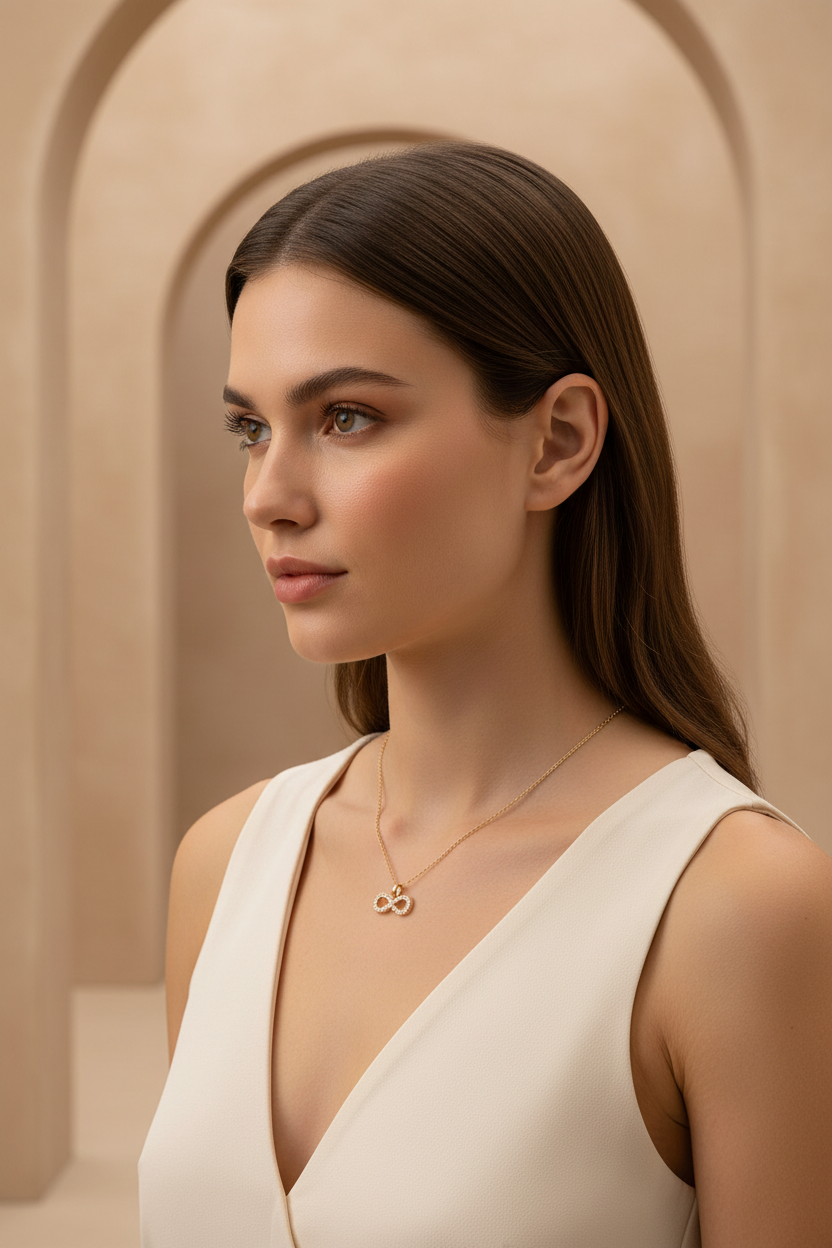 Infinity Line Necklace — Gold fine chain necklace champagne gold-tone lifestyle shot worn on model against neutral background, ZARIÉ fine jewellery AMOURÉ collection