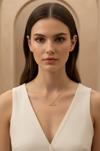 Infinity Line Necklace — Gold fine chain necklace champagne gold-tone lifestyle shot worn on model against neutral background, ZARIÉ fine jewellery AMOURÉ collection