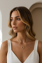 Inner Heart Necklace — Gold fine chain necklace champagne gold-tone lifestyle shot worn on model against neutral background, ZARIÉ fine jewellery AMOURÉ collection