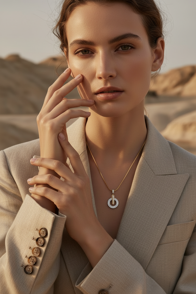Italian Pavé Drop Necklace drop earrings with pavé stone setting lifestyle shot worn on model against neutral background, ZARIÉ fine jewellery LUMIÈRE collection