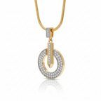 Gold necklace with a circular pendant on a white background