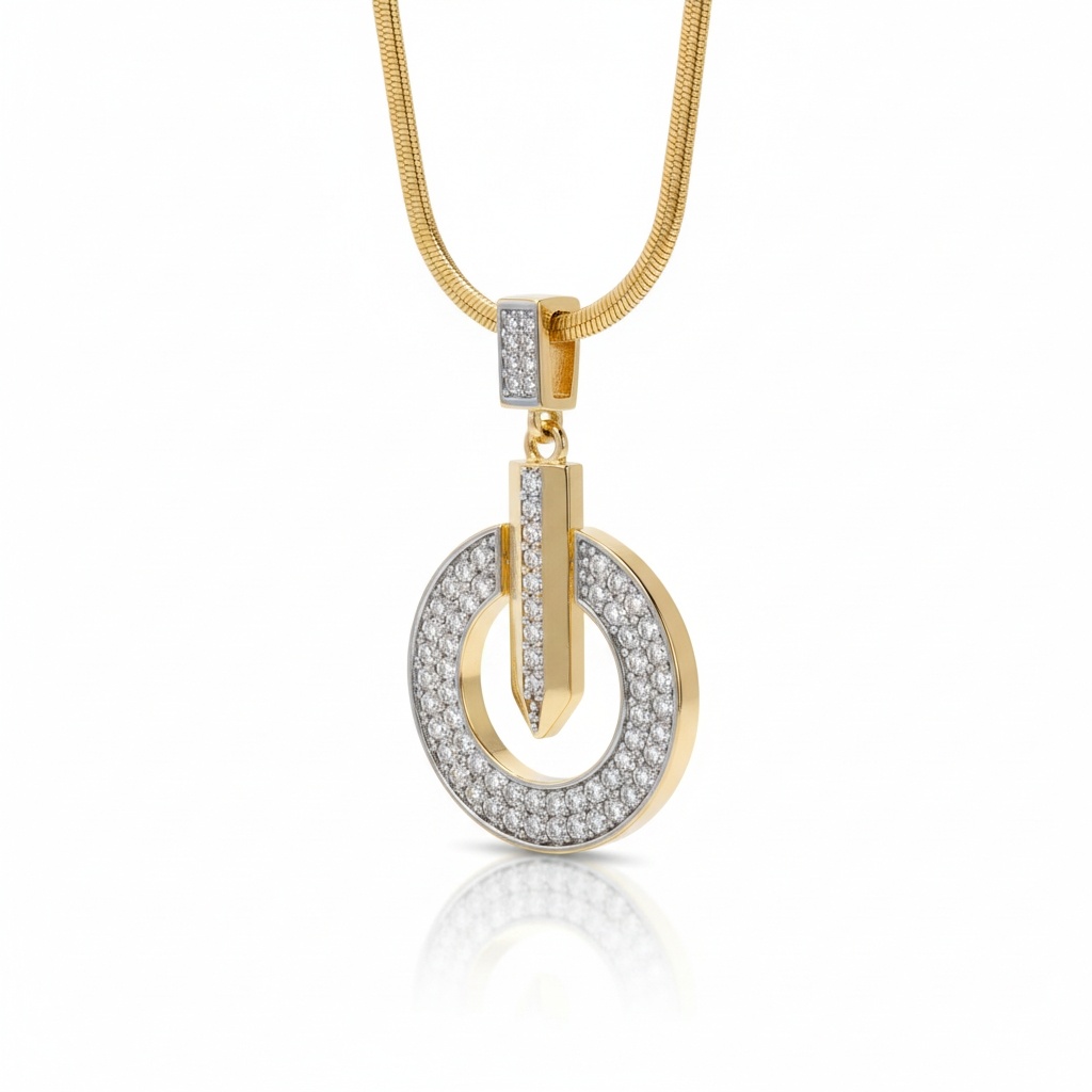 Gold necklace with a circular pendant on a white background