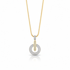 Gold and silver necklace with a circular pendant on a white background
