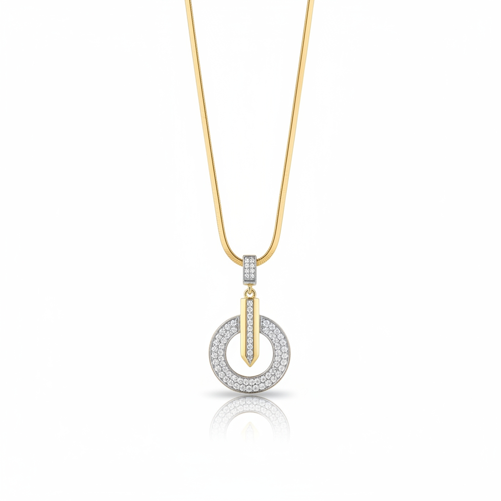 Gold and silver necklace with a circular pendant on a white background