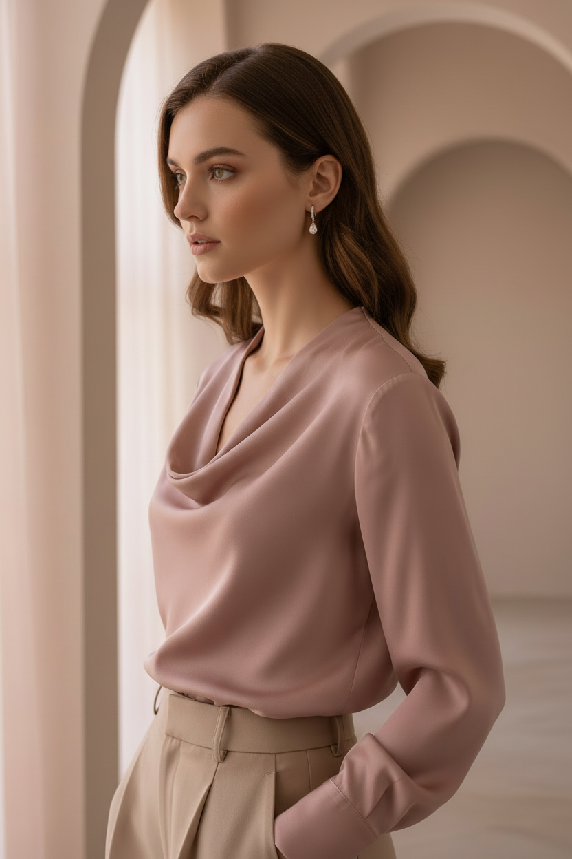 Woman wearing a pink blouse and beige pants in an elegant interior setting