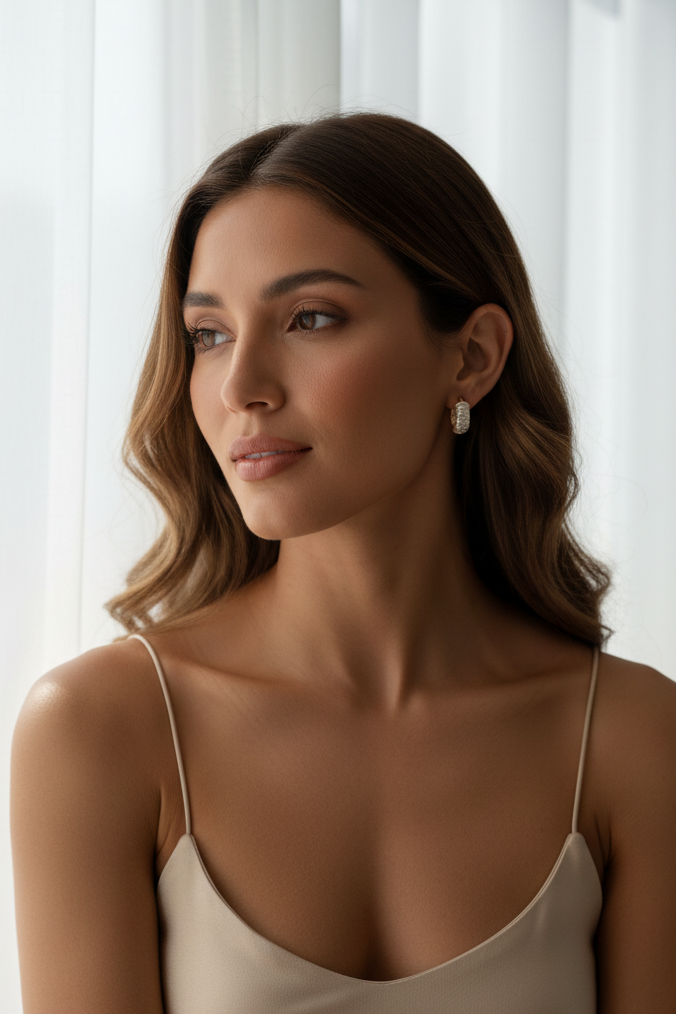 Layered Pavé Mini Earrings open band ring with pavé stone setting lifestyle shot worn on model against neutral background, ZARIÉ fine jewellery LUMIÈRE collection