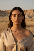 Leaf Crest Necklace fine chain necklace lifestyle shot worn on model against neutral background, ZARIÉ fine jewellery LUMIÈRE collection